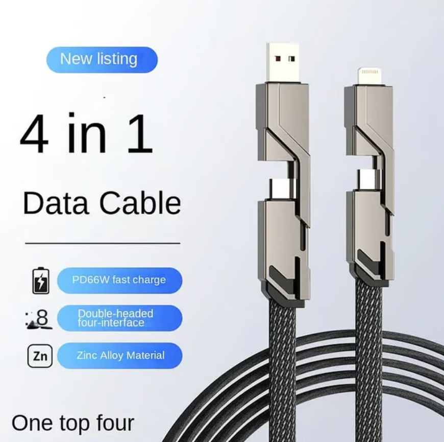 4-in-1 Flat Braided Anti-Tangle Charger Cord with Velcro